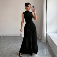 Robe longue plissée élégante pour femme, col montant, sans manches, taille ajustée, coupe trapèze, idéale pour l'été, le bureau ou les occasions décontractées, lavable