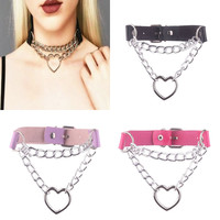 Collares con Colgante de Corazón Hueco Estilo Harajuku para Mujer, Collar de Cadena Doble de Cuero Negro, Joyería para Fiesta