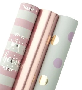 Custom Eco-Friendly Digital Printing Compatible Cheers Gift <b>Wrap</b> Rolls <b>Pink</b> Stripes Gold Dots Metallized Paper Double-Sided - Product Image 1