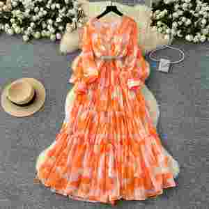 Vestido Midi Casual de Verano 2025 con Cuello Redondo y Manga Linterna para Mujer, Estampado con Encaje y Estilo Túnica Romana - Product Image 4