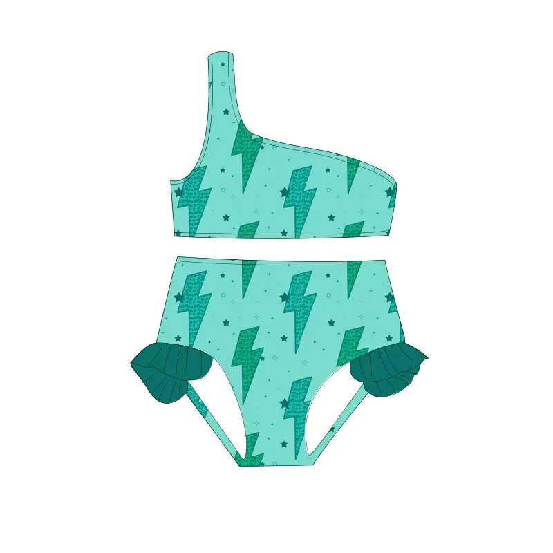 Bé Cô Gái Mùa Hè 2 Mảnh Áo Tắm Bodysuit Trẻ Em Bãi Biển Mặc Thấp Hơn Moq Trẻ Em Một Vai Hàng Đầu Ruffles Quần Short Bikini