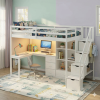 Lit mezzanine moderne personnalisable avec bureau en L, rangements, escalier, gain de place, étagères intégrées, chargeur USB intégré, pour chambre d'hôtel