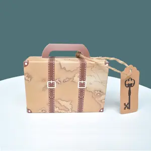 Caja de dulces, caja de recuerdo de mini maleta con mapa del mundo, papel Kraft vintage con etiquetas y cordel de arpillera para viajes