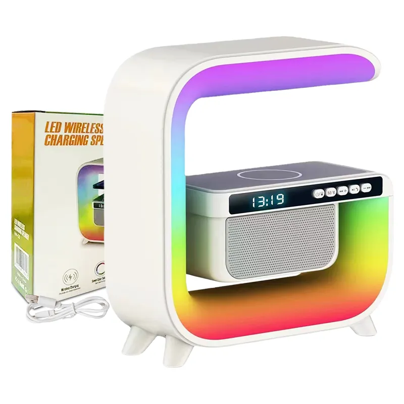 FM Radio Speaker Bluetooth Speaker with LED Night Lights Wireless Charging Bluetooth Speakers with Wireless Phone Charger Office