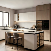 Meuble de cuisine modulaire moderne en contreplaqué blanc avec porte vitrée, évier, bande lumineuse, îlot, tiroir et surface facile à nettoyer