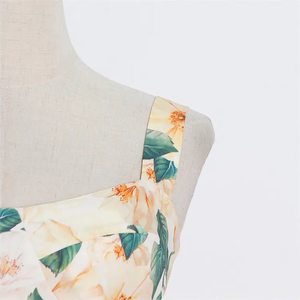 Vestido largo fruncido con estampado de flores para mujer personalizado, informal, cuello cuadrado, vacaciones, playa, Midi, vestidos florales de verano para mujer - Product Image 5