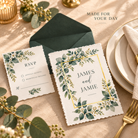 Ensemble d'invitations de mariage personnalisées en eucalyptus, bordure festonnée, cadre doré, invitation de mariage, carte RSVP, enveloppe lignée verte