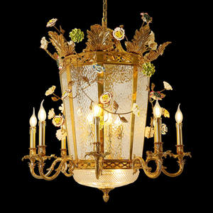 Lámpara colgante de latón francés de 31,5 pulgadas con 12 luces y flor Iluminación elegante para hoteles Villas Bodas Salas de recepción - Product Image 1