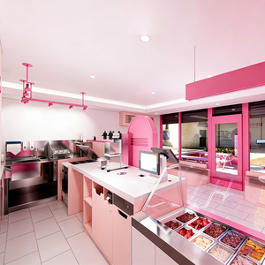 Tienda de Té y Helados de Estilo Dulce y Femenino con Vitrina Abierta, Estantes Rosados Escalonados e Iluminación LED Integrada - Product Image 3