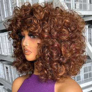 Pelucas vietnamitas baratas sin pegamento, súper doble densidad, grado 12A, con doble trama a máquina, rizadas y con volumen, 100% cabello humano virgen, con flequillo, para mujeres negras. - Product Image 5