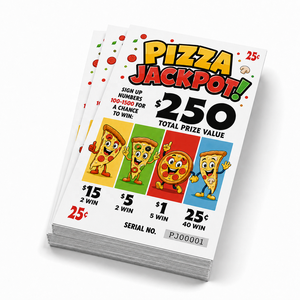 CMYK Printed Pizza Pull Tab Seal Cards Break Open <b>Tickets</b> with Serial Numbers for Restaurant Promotions Fundraisers and Events - Product Image 2