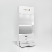 Vitrine d'exposition moderne blanche avec éclairage LED, étagères en verre, 4 tiroirs, pour boutique