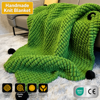 Couverture tricotée à la main Aodu, fil épais, point popcorn, vert haricot, bordure pompons, pour canapé, décoration, fibre de polyester, DIY, vente en gros