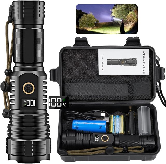 XHP70.2 LED Rechargeable Torch Zoomable Tactical Flashlight IP65 Waterproof 5 Light Modes 2000 Lumens USB Type C Light Output