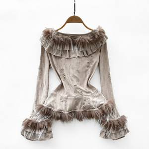 Damen-Bluse mit Federbesatz, volle Ärmel, Raglan-Rüschenkragen, gewebtes Hemd, lässig, Herbst - Product Image 1