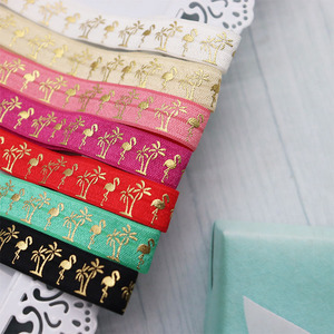 Recién llegado, lámina de oro, flamenco, palmera de coco, cinta FOE, pliegue sobre elástico para accesorios de lazos para el cabello - Product Image 2