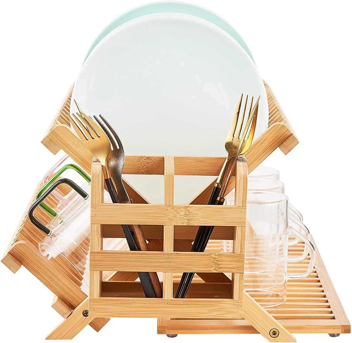 Wooden Dish Drying Holder Bamboo Plate Drainer 3 Tier Collapsible Dish Rack with Utensil Holder for Kitchen Counter