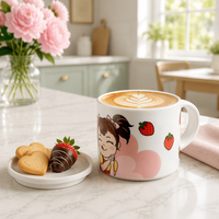 Vente en gros de tasses à café en céramique mignonnes pour filles de 414 ml avec couvercle, tasse à thé blanche brillante à motif de fraises et de cœurs kawaii, cadeau pour femmes