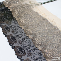 Dentelle noire douce de haute qualité, 24 cm, avec des fleurs brillantes et des fils dorés brodés, pour les manches d'abayas et la décoration de robes pour femmes