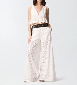 <span class=keywords><strong>Pantaloni</strong></span> Estivi Casual da Donna <span class=keywords><strong>con</strong></span> <span class=keywords><strong>Vita</strong></span> Elasticizzata e Design Ricamato Traforato, Stile Rilassato - Product Image 1