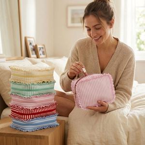 Striped Ruffle Edge Cosmetic Custom Logo Makeup Pouch Travel Storage Organizer Bag - Product Image 3