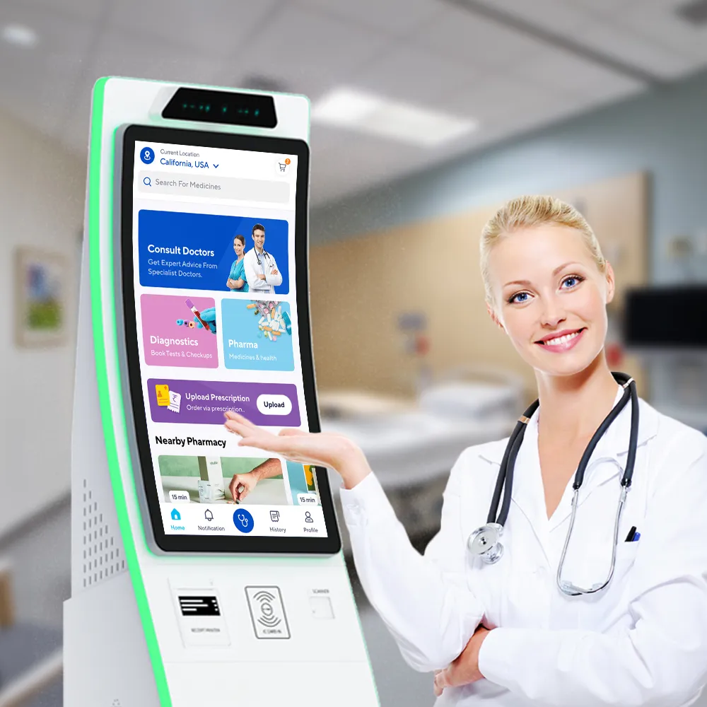 Oem Grote Kiosk Gezichtscamera Toetsenbord A4 Rapport Printer Id/Sociale Zekerheid Kaartlezer Zelfbedieningskiosk In Ziekenhuis