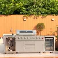Cuisine extérieure de luxe moderne en acier inoxydable, barbecue à gaz, réfrigérateur, évier, GPL/GN, 8 brûleurs infrarouges réglables et pliables