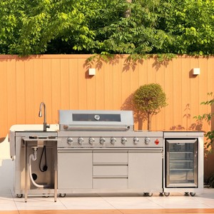 Cuisine extérieure de luxe moderne en acier inoxydable, barbecue à gaz, réfrigérateur, évier, GPL/GN, 8 brûleurs infrarouges réglables et pliables - Product Image 2