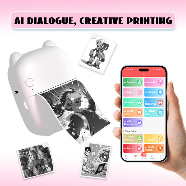 New AI Voice Picture Text Sticker Box Mini Thermal Photo Printer Portable Plastic Wireless 1200mAh Battery 200dpi Print Speed