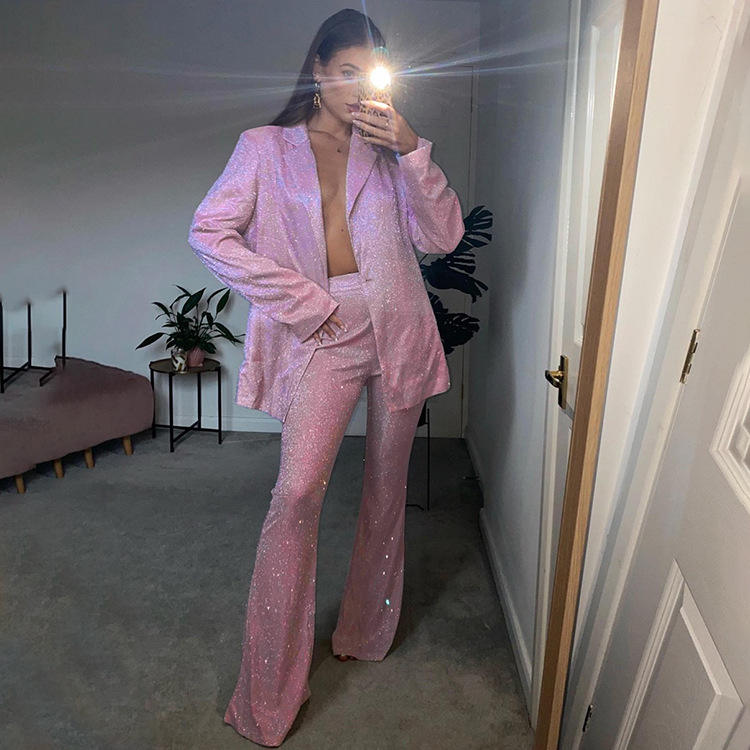 Wide Leg Pink Blazer Jumpsuit Wide Leg Two Piece Glitter Outfit