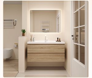 Wall-mounted Solid Wood Ceramic Basin Apartment Villa Modern Mirrored <b>Bathroom</b> <b>Cabinet</b> LED Touch Illuminate Waterproof Design - Product Image 1