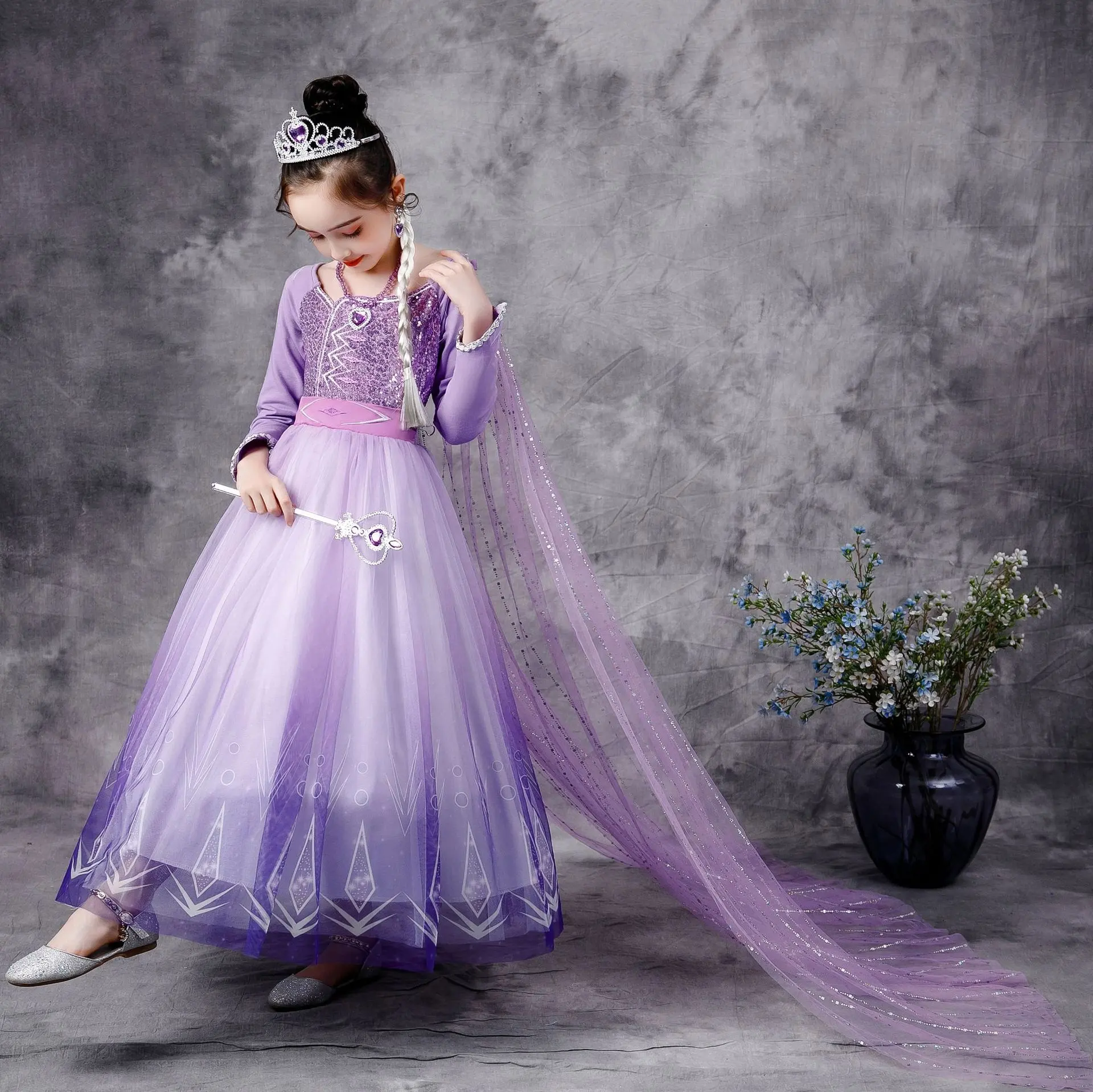 Popüler lüks cadılar bayramı Cosplay parti mor Elsa prenses süslü elbise kostümleri çocuklar için