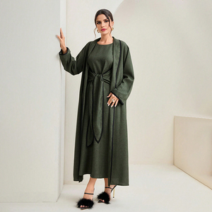 Women Abaya 2 Piece Set Cheap Modest Sets Abaya <strong>Dress</strong> With Solid Belted - Product Image 1