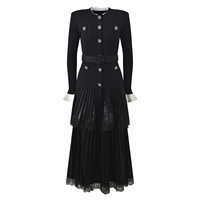 Robe longue élégante pour femme, style automne 2026, col rond, manches longues évasées, taille à volants, effet 2 pièces, tricot patchwork dentelle