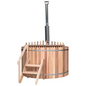 Bain à remous en bois chauffé au bois et accessoires pour bain à remous en baril extérieur en cèdre rouge - Product Image 1