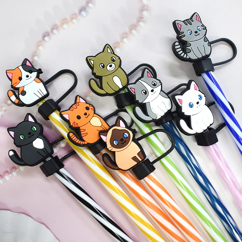 10 มม.ขายส่งใหม่ PVC ดื่มวันหยุดยางฟาง Charms Toppers สัตว์น่ารักแมวฟาง Topper Charms