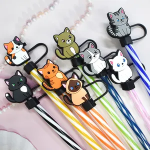 10mm Wholesale New Pvc Drinking Reusable Holiday Rubber Straw Charms Toppers Cute Animal Cat Straw Topper Charms