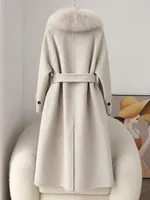 Nouveau Manteau Long en Cachemire Double Face pour Femme 2026 avec Col en Fourrure de Renard, Coupe Slim CT610