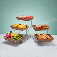 Présentoir à Desserts Commercial Multi-niveaux en Acier Inoxydable avec Paniers en Rotin – Portable pour Restaurants et Hôtels