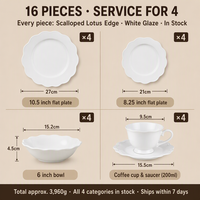 Service de table 16 pièces en porcelaine New Bone China, bordure dorée électroplaquée, motif lotus festonné, pour 4 personnes, en stock, idéal pour mariage de luxe