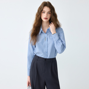 Women's Blue Striped Shirt Cotton Poplin Office Wear Elegant Professional Top - Product Image 2