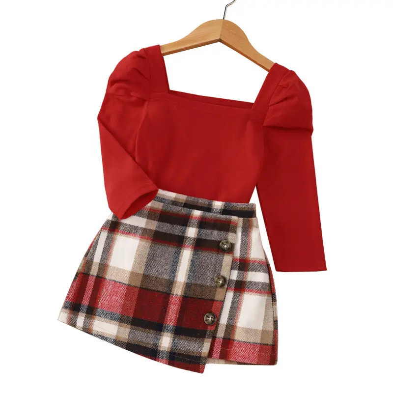 Long sleeve red autumn dress plaid skirt clothing sets baby girl clothes little girl2 piece sets