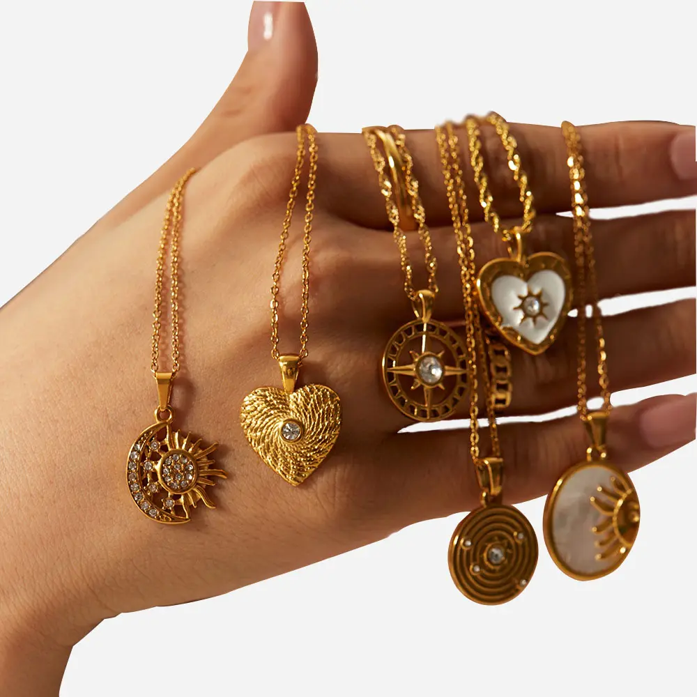 ODM Vintage 316L Stainless Steel Charm Women Zircon Necklaces Jewelry Gold Rope Chain Fritillary Heart Pendant Necklace