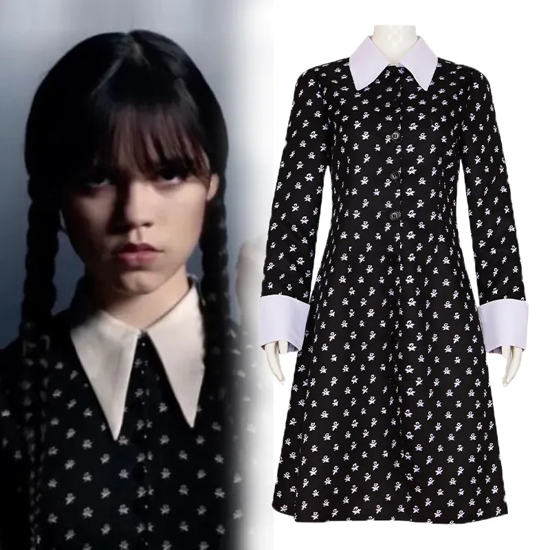 Wednesday Addams Cosplay Costume Women Adult Printing Black Dress Gothic Outfits Halloween Party Costume