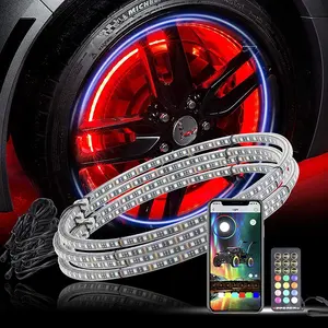 Lampu LED Roda Mobil RGB Sisi Ganda, Lampu LED Aplikasi Kontrol 576 LED Pelek Lampu Ban dengan Rem dan Lampu Sein untuk Mobil