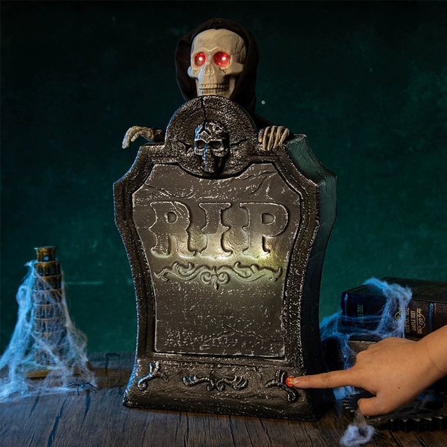 Halloween Animated Tombstone Prop with Rising Skeleton Sound Activated LED Light up Eyes for Haunted House Party Yard Decor