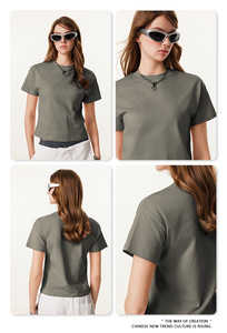 Summer American Style Fog Long <b>Staple</b> Cotton Neck Women's Casual Sports Short Sleeved Slimming Yarn Dyed Knitted T-Shirt - Product Image 5