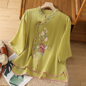 Traditional Chinese Embroidered Shirt Women Cotton Linen Stand Collar Three Quarter Sleeve Pullover Top - Product Image 3