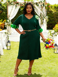 Directo de fábrica al por mayor de las mujeres de <span class=keywords><strong>color</strong></span> sólido elegante Miyaki plisado vestido Floral manga y broche V <span class=keywords><strong>Beck</strong></span> Midi vestido - Product Image 4