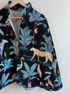 Black Jungle Print <b>Velvet</b> Bomber <b>Jacket</b> Reversible Eco-Friendly Breathable 100% Cotton Filling Short Length Winter - Product Image 4